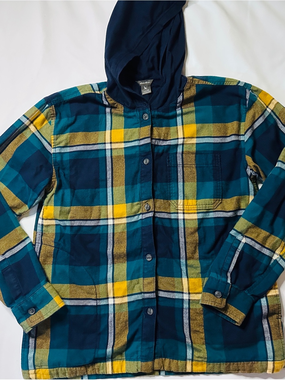 Eddie Bauer Plaid Hooded Button-Down Shirt Jacket - Teal, Navy & Yellow